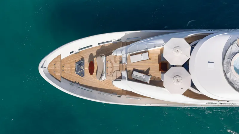 Far Niente Yacht Photos Pics Aerial view of 2014 Westport 40M yacht with sun deck and seating area.