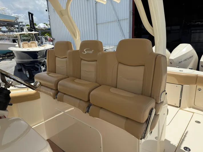  Yacht Photos Pics 2020 Scout 355 LXF boat with tan leather seating and Mercury engines.