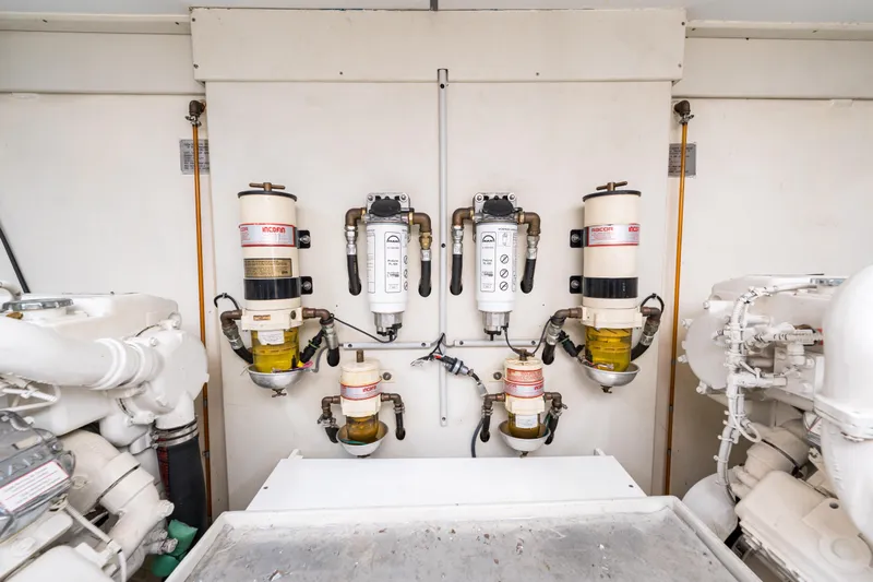 Jasmine 3 Yacht Photos Pics Engine room of 2011 Apreamare Maestro 65 yacht with fuel filters and machinery.