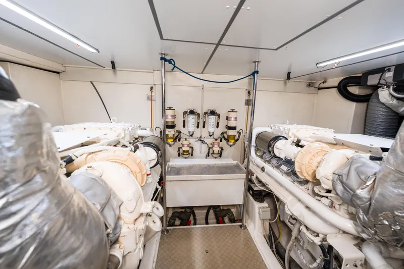 Jasmine 3 Yacht Photos Pics Engine room of 2011 Apreamare Maestro 65 yacht, showcasing dual engines and mechanical systems.