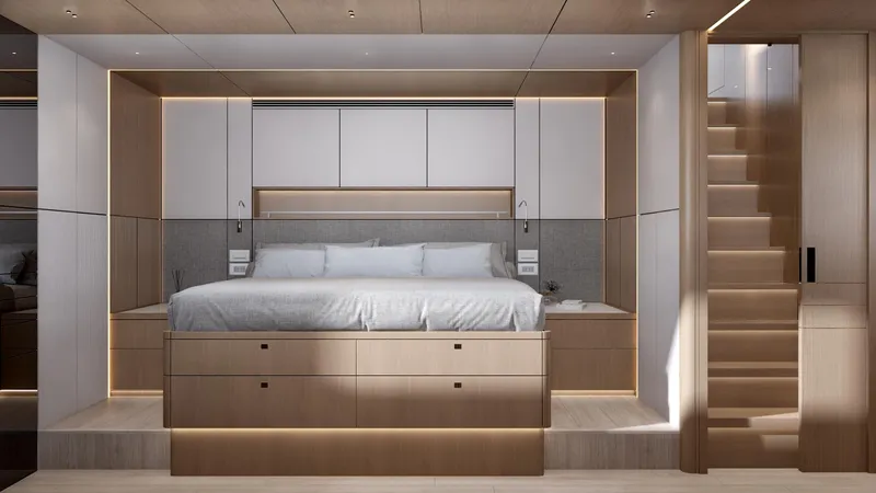  Yacht Photos Pics Luxurious Bering BC 60 yacht bedroom interior, 2026 model, featuring modern design and elegant lighting.