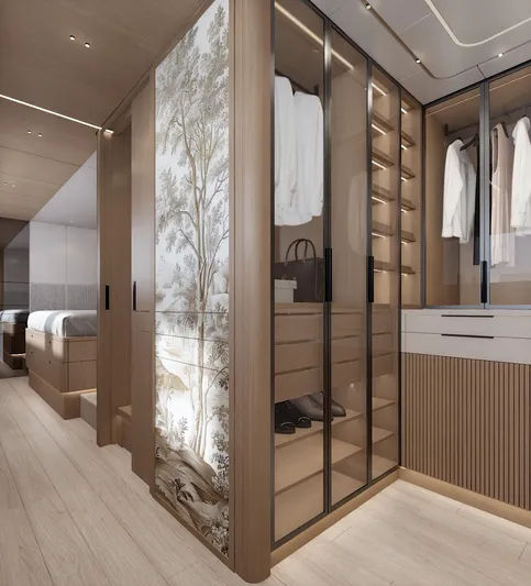  Yacht Photos Pics Luxurious Bering BC 60 yacht interior, featuring elegant wood finishes and modern closet design, 2026 model.