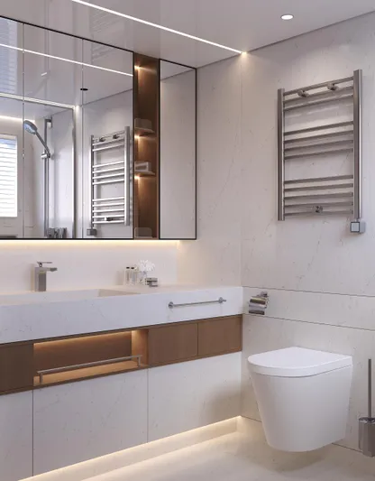  Yacht Photos Pics Modern bathroom with wall-mounted toilet, sleek vanity, and heated towel rack, Bering BC 60, 2026 design.