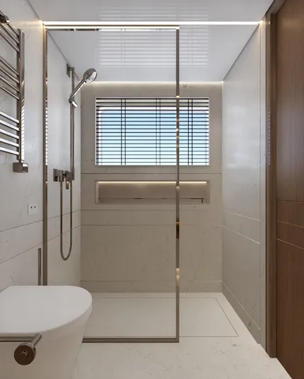  Yacht Photos Pics Modern bathroom in 2026 Bering BC 60 yacht with glass shower and sleek design.