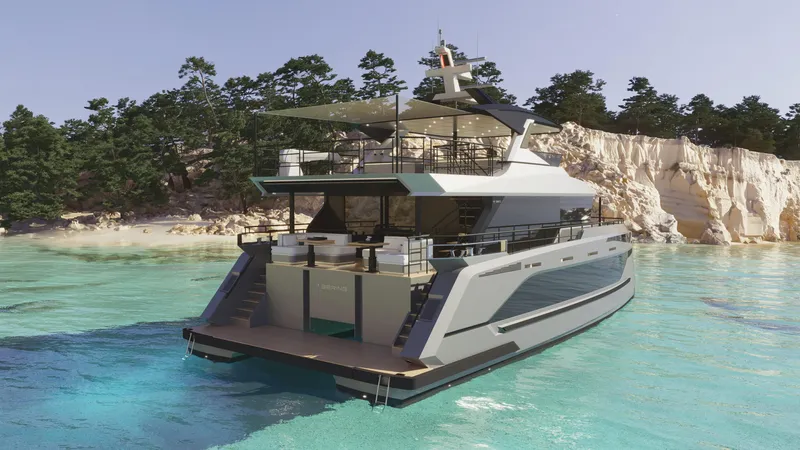  Yacht Photos Pics Luxury Bering BC 60 yacht, 2026 model, anchored near scenic cliffs and turquoise waters.