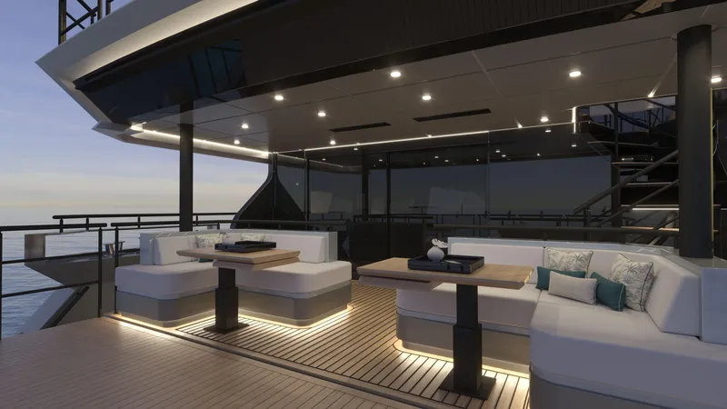  Yacht Photos Pics Luxurious 2026 Bering BC 60 yacht deck with elegant seating and ambient lighting.