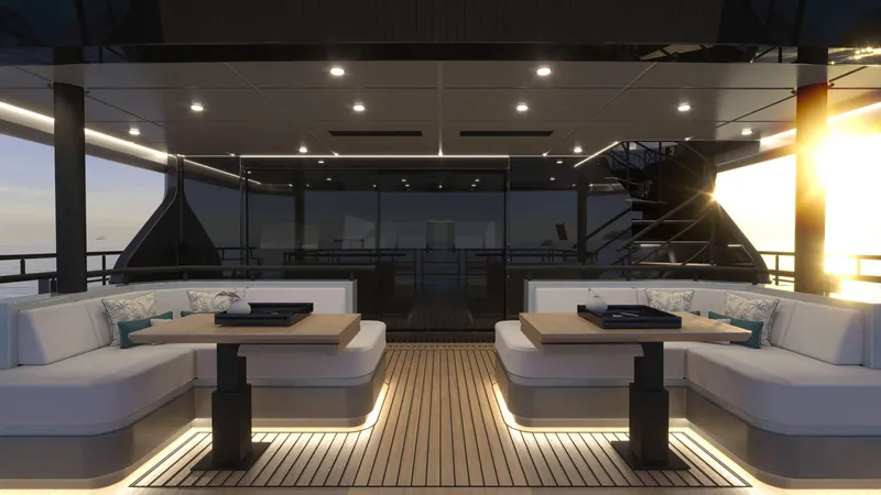  Yacht Photos Pics Luxurious 2026 Bering BC 60 yacht deck with elegant seating and sunset view.