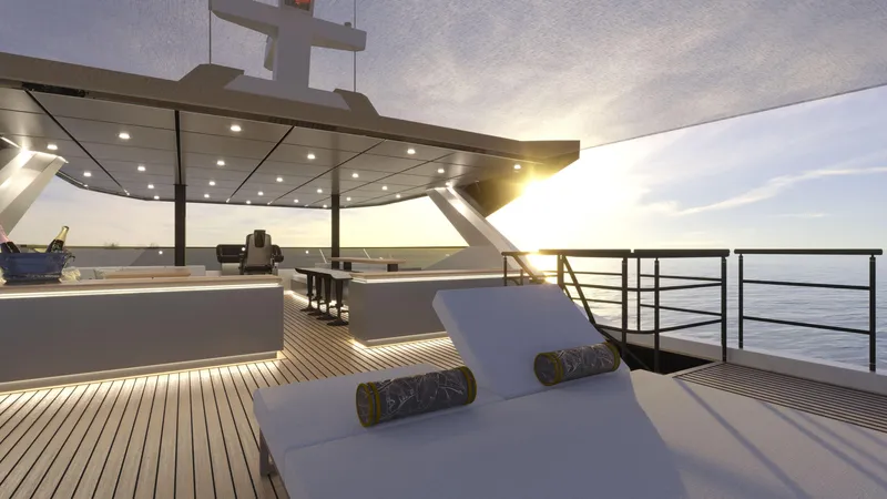  Yacht Photos Pics Luxurious 2026 Bering BC 60 yacht deck with sun loungers and ocean view at sunset.