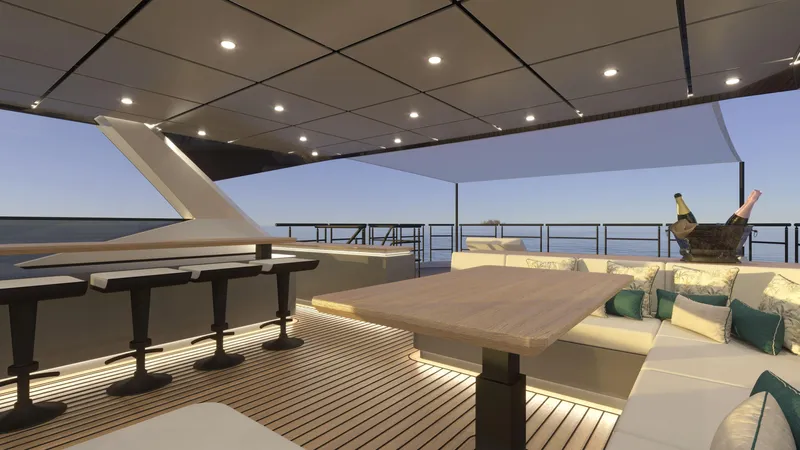  Yacht Photos Pics Luxurious 2026 Bering BC 60 yacht deck with seating, table, and ocean view.