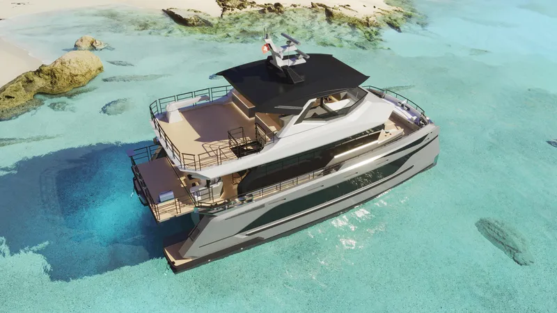  Yacht Photos Pics Luxurious 2026 Bering BC 60 yacht in crystal-clear turquoise waters near a sandy beach.