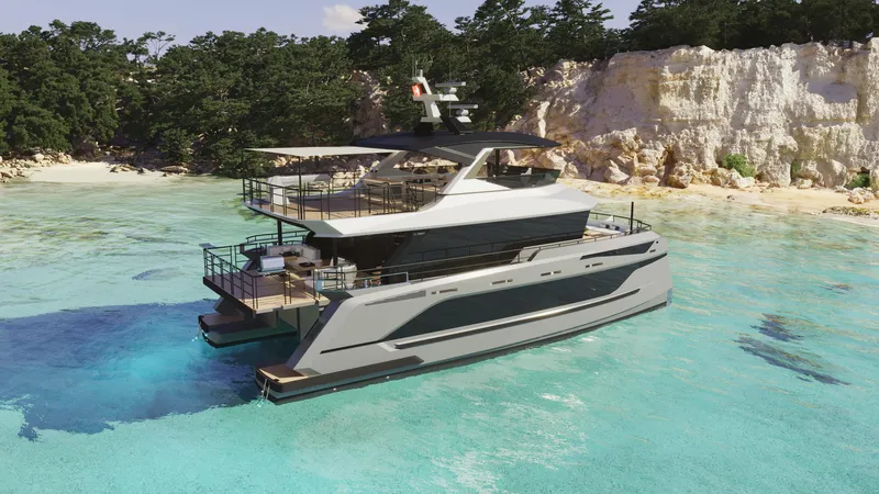  Yacht Photos Pics Luxury Bering BC 60 yacht, 2026 model, anchored in clear turquoise waters near a rocky shoreline.