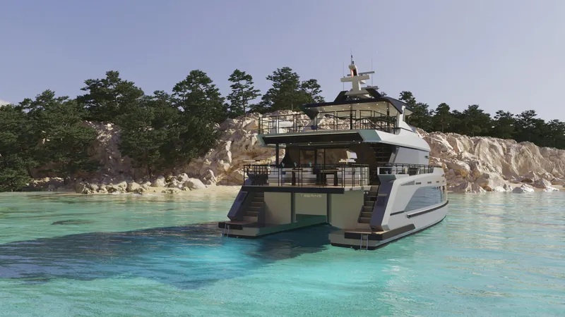  Yacht Photos Pics Luxurious 2026 Bering BC 60 yacht in serene turquoise waters near rocky coastline.