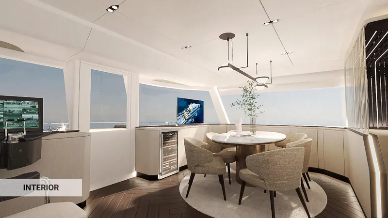  Yacht Photos Pics Luxurious interior of 2026 Bering BC 60 yacht with modern dining area and ocean view.