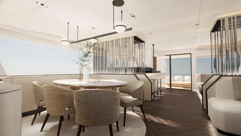  Yacht Photos Pics Luxurious interior of 2026 Bering BC 60 yacht with elegant dining area and modern design.