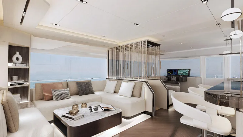  Yacht Photos Pics Luxurious interior of 2026 Bering BC 60 yacht with modern furnishings and elegant design.