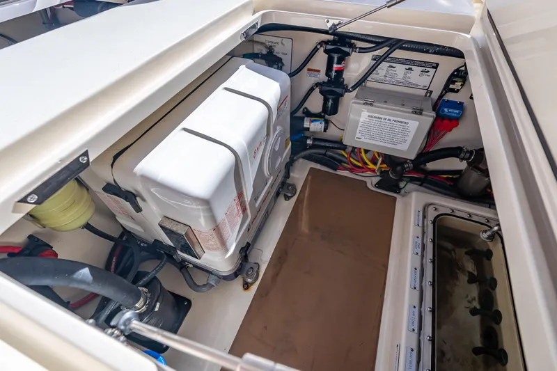  Yacht Photos Pics 2021 Scout 380 LXF boat engine compartment with wiring and equipment.