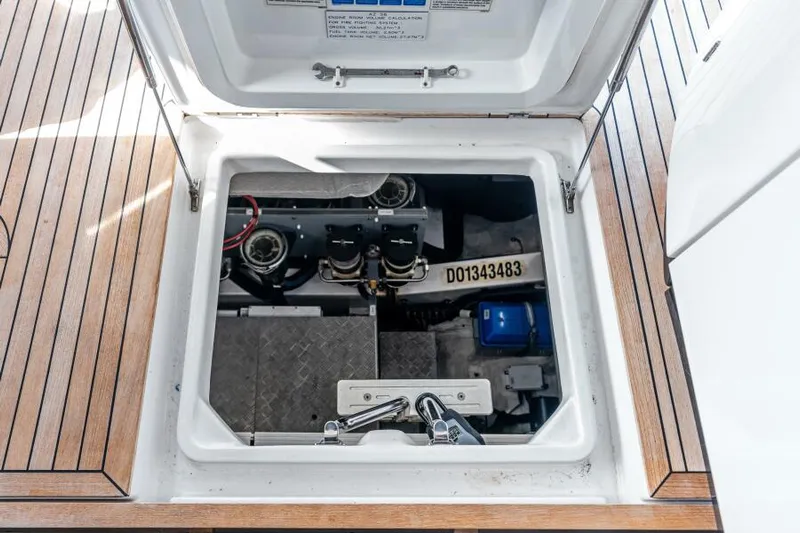 Blessed Yacht Photos Pics Engine compartment of 2020 Azimut S6 yacht, showcasing mechanical components and wiring.
