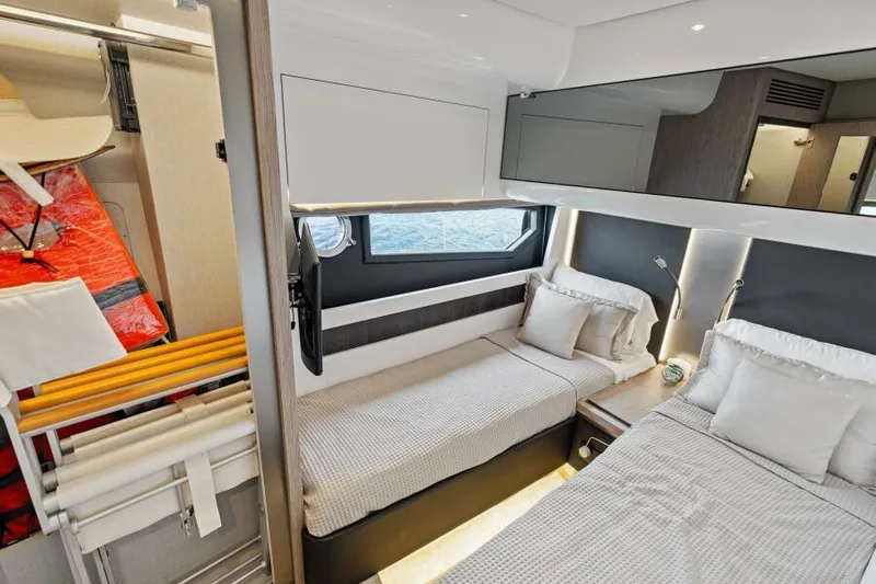 Blessed Yacht Photos Pics 2020 Azimut S6 yacht cabin with twin beds and modern interior design.