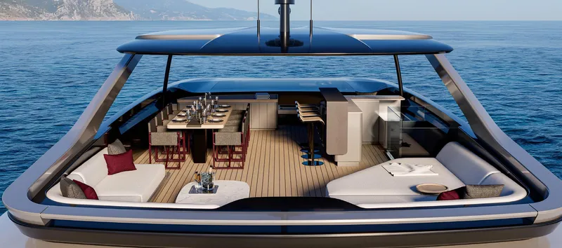 X106 Fast Yacht Photos Pics Luxurious 2026 Extra X 106 FAST yacht with elegant deck and ocean view.