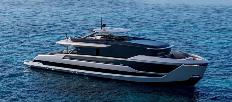X106 Fast Yacht Photos Pics Luxurious 2026 Extra X 106 FAST yacht cruising on clear blue ocean waters.