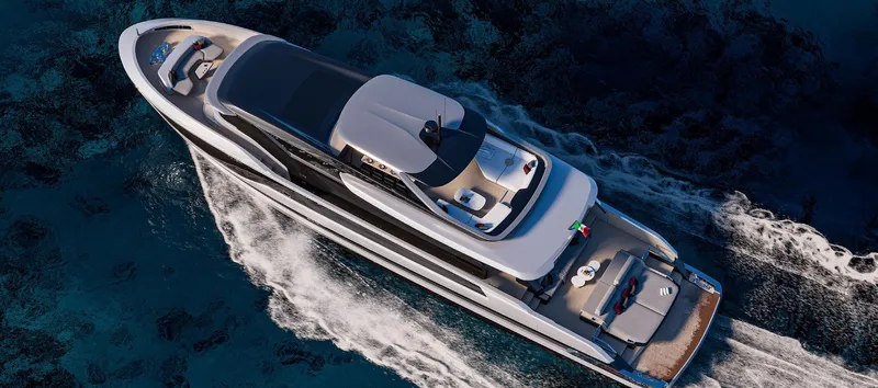 X106 Fast Yacht Photos Pics Aerial view of 2026 Extra X 106 FAST yacht cruising on clear blue water.