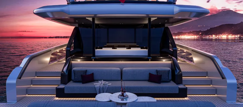 X106 Fast Yacht Photos Pics Luxurious 2026 Extra X 106 FAST yacht at sunset, featuring elegant outdoor seating.