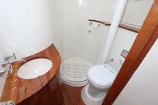 Mabel Yacht Photos Pics Compact bathroom in a 2001 Precision Convertible boat with wooden accents.