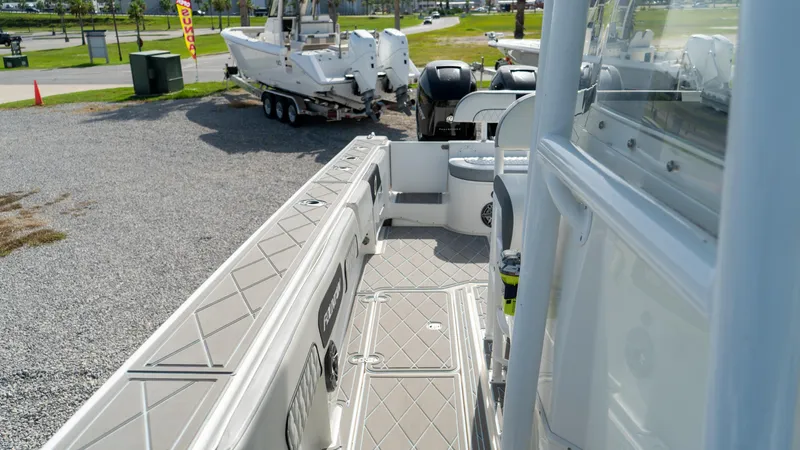  Yacht Photos Pics 2007 Fountain 38TE Cuddy Cabin boat interior with deck view.