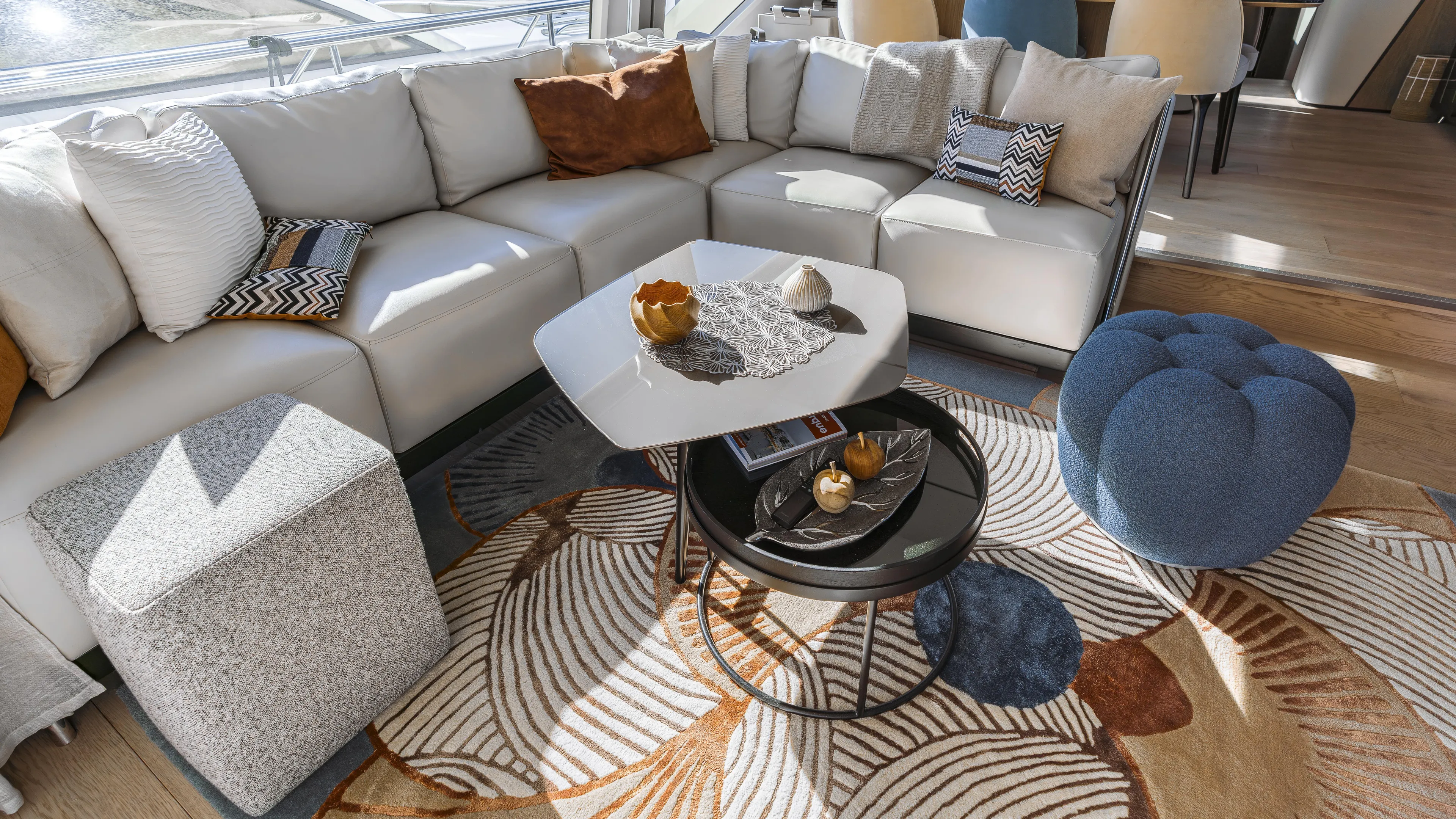  Yacht Photos Pics Luxurious interior of 2022 Ferretti Yachts 720 with elegant seating and modern decor.