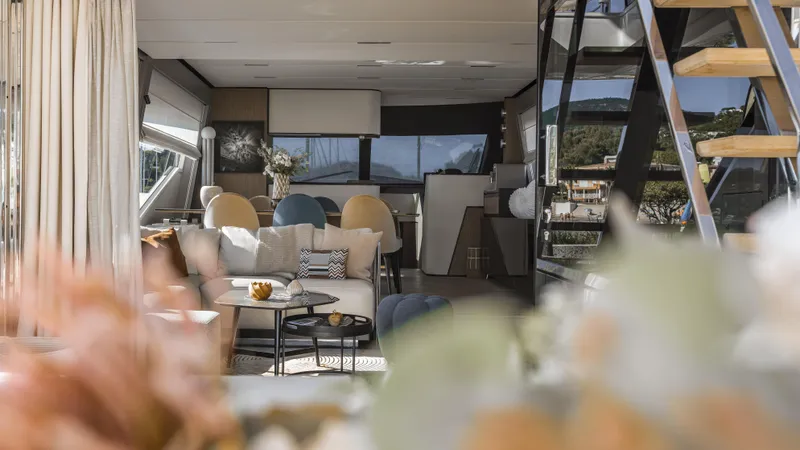  Yacht Photos Pics Luxurious interior of 2022 Ferretti Yachts 720, featuring elegant seating and modern decor.