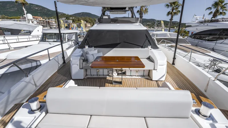  Yacht Photos Pics Luxurious 2022 Ferretti Yachts 720 with spacious deck and elegant seating area.