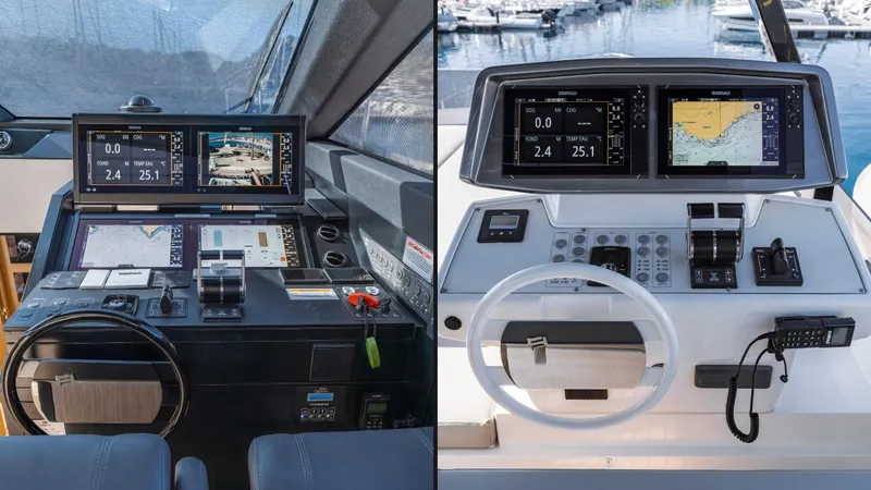  Yacht Photos Pics 2022 Ferretti Yachts 720 helm stations with advanced navigation displays and controls.