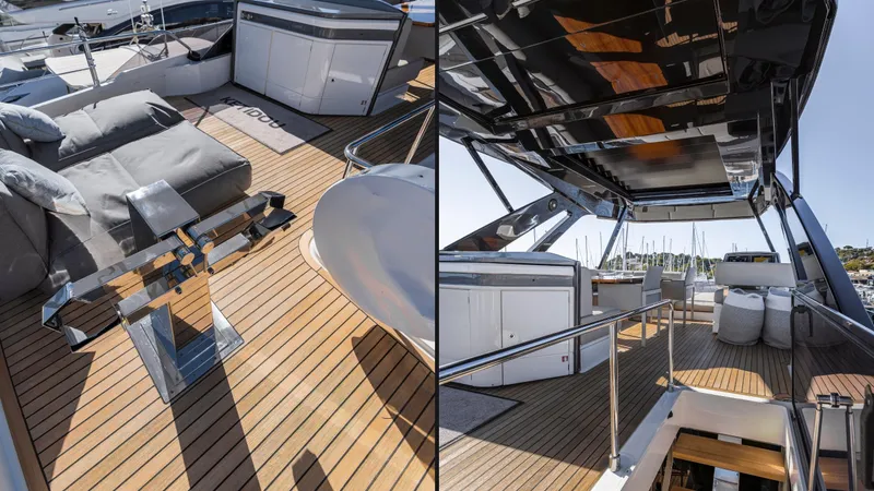  Yacht Photos Pics Luxurious 2022 Ferretti Yachts 720 deck with modern seating and sleek design.