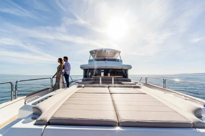 Salacia Yacht Photos Pics Couple enjoying a sunny day on a 2019 Sirena 64 yacht deck.