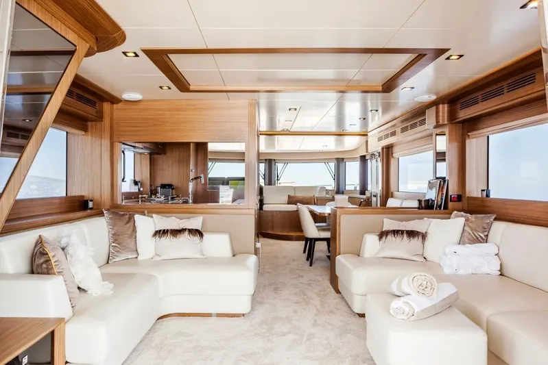 Salacia Yacht Photos Pics Luxurious interior of 2019 Sirena 64 yacht with elegant seating and modern design.