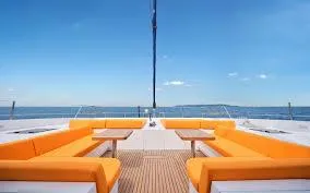  Yacht Photos Pics Luxurious Heysea Seaview 59 yacht deck with vibrant orange seating, 2025 model.