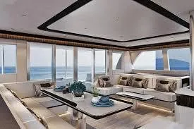  Yacht Photos Pics Luxurious interior of 2025 Heysea Seaview 59 yacht with ocean view and elegant seating.