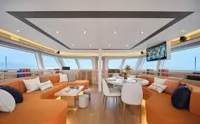  Yacht Photos Pics Luxurious interior of 2025 Heysea Seaview 59 yacht with modern seating and panoramic windows.