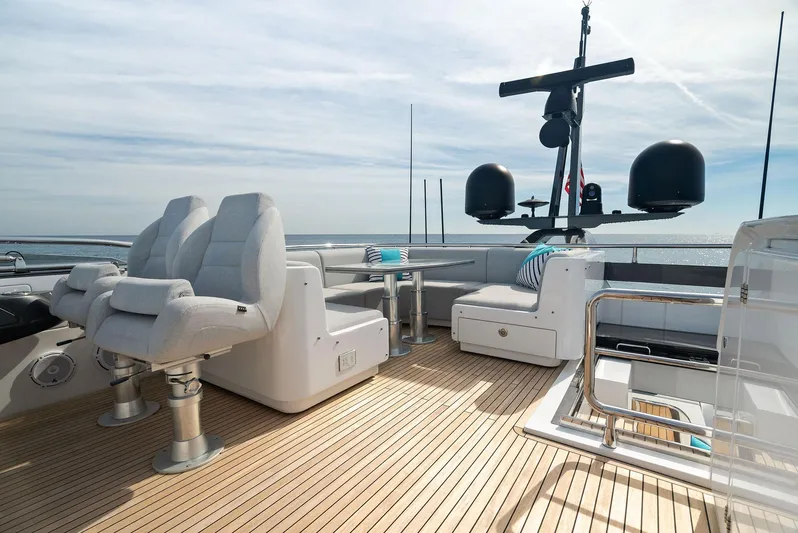 Ocean's Se7en Yacht Photos Pics 2022 Azimut S8 yacht deck with modern seating and navigation equipment.
