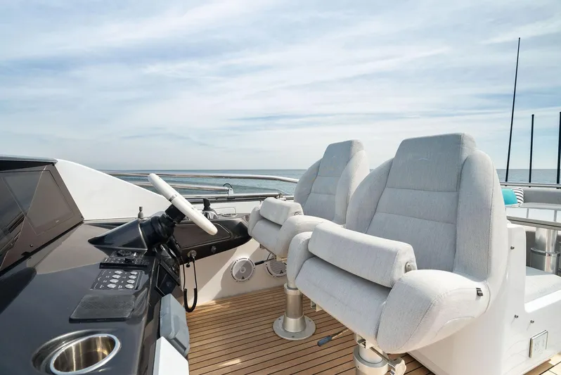 Ocean's Se7en Yacht Photos Pics 2022 Azimut S8 yacht helm with plush seating and modern controls.