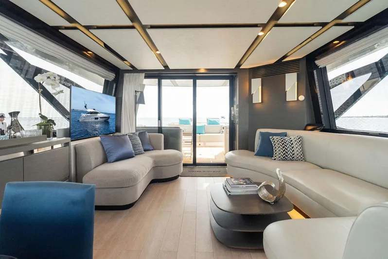 Ocean's Se7en Yacht Photos Pics Luxurious interior of 2022 Azimut S8 yacht with modern seating and elegant decor.