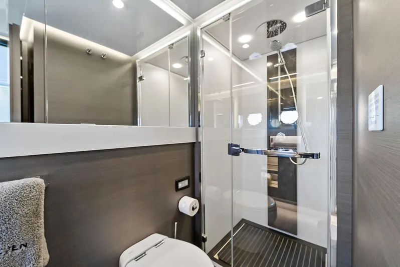Ocean's Se7en Yacht Photos Pics Luxurious bathroom in 2022 Azimut S8 yacht with modern shower and sleek design.