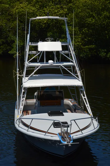  Yacht Photos Pics 2023 Strike 29 boat with tower, anchored in calm waters, surrounded by lush greenery.