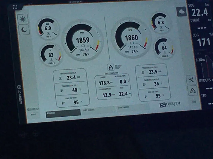  Yacht Photos Pics Control panel display on a 2018 Ferretti Yachts 670, showing engine and navigation data.