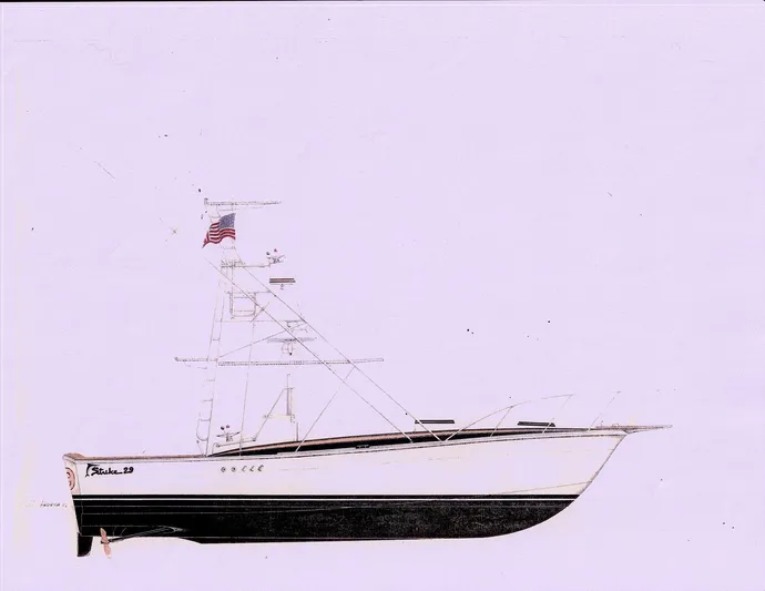  Yacht Photos Pics 2023 Strike 29 boat with American flag, side view, white and black hull.