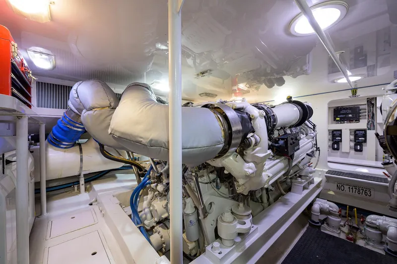  Yacht Photos Pics Engine room of a 2005 Viking 61 yacht, showcasing powerful machinery and equipment.