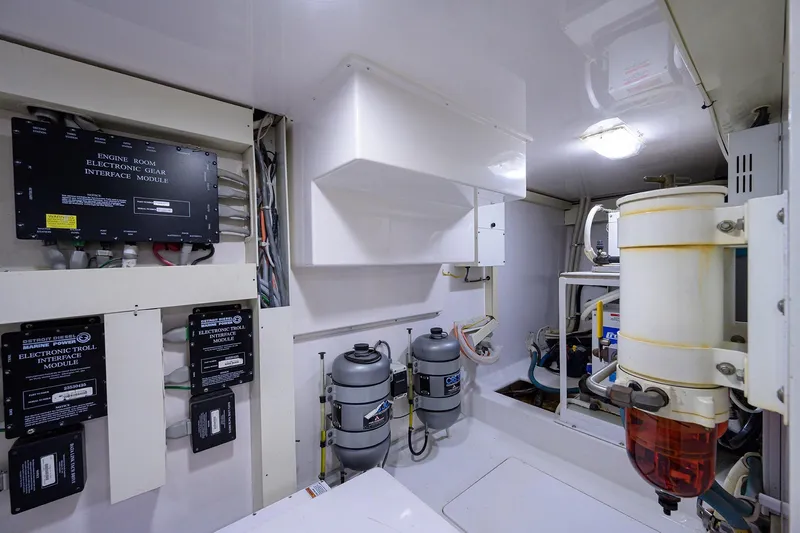  Yacht Photos Pics Engine room of 2005 Viking 61 yacht with electronic gear interface modules.