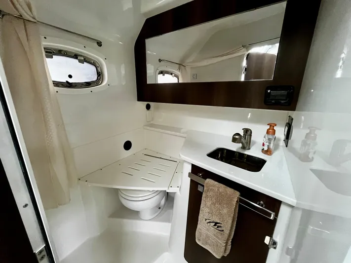 The Mabel Coe Yacht Photos Pics 2018 Monterey 360 Sport Coupe bathroom with sink, mirror, and toilet.