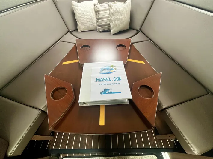 The Mabel Coe Yacht Photos Pics Interior of 2018 Monterey 360 Sport Coupe with table and cushions.