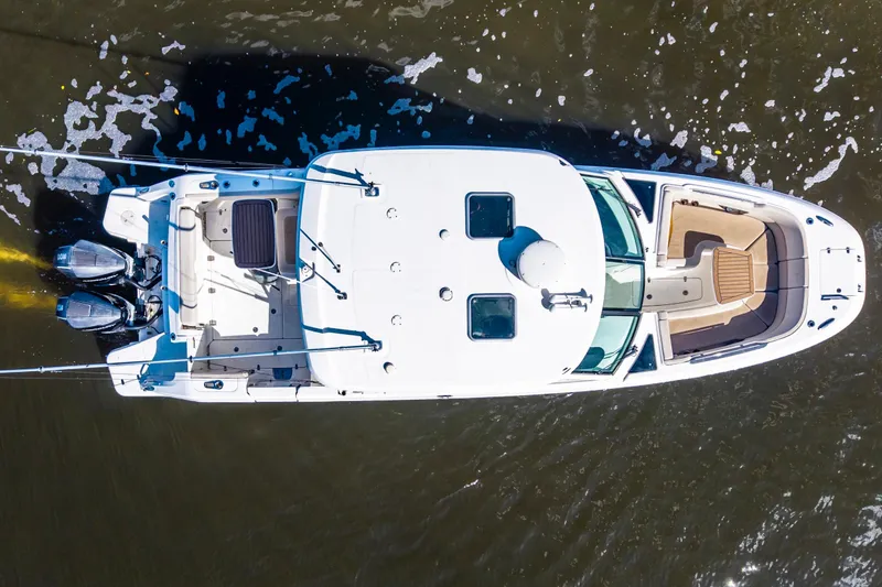 It's Been Reel Yacht Photos Pics Aerial view of 2019 Boston Whaler 320 Vantage boat on water.